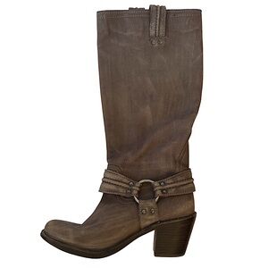 Frye Carmen Harness Tall Distressed Leather Heeled Boot, Dusty Brown, SZ 8, NWOB